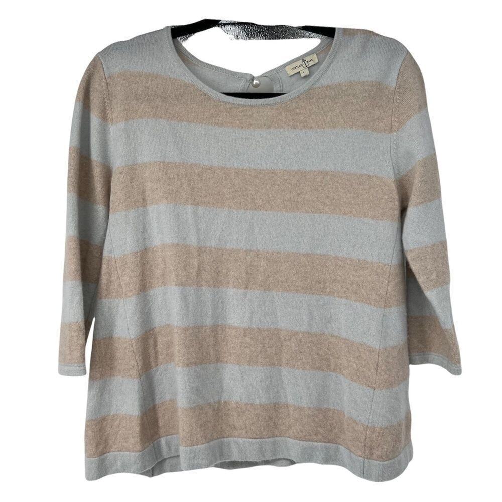 Cortland Park Light Blue Tan 100%‎ Cashmere Sweater Pearl button closure